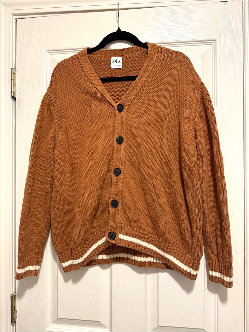 Zara Rust Orange Button-Front Cardigan with Ivory Trim